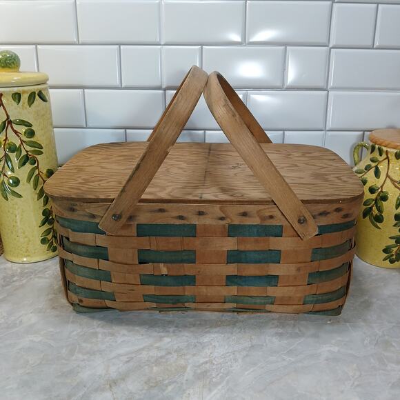 Rustic Picnic 2 Handle Gathering Basket 18x12" Woven Slat Wood Country Farmhouse - Picture 1 of 9